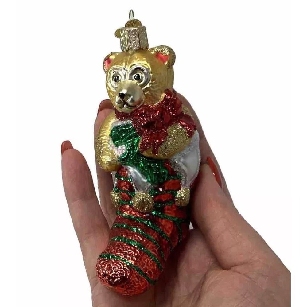 OLD WORLD CHRISTMAS Glass ORNAMENT Gold TEDDY BEAR IN Jester STOCKING Glitter